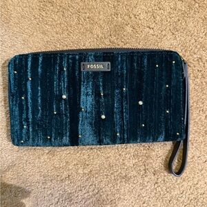 Fossil Dark Teal Velvet Wristlet with Gold Studs